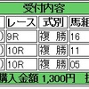 3/19(土)の複勝コロガシの予想。13時点のオッズで1200→18,100円