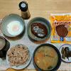 イシイのハンバーグ。レンチン目玉焼き。野菜味噌汁９日目（食べきり）