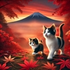 静寂の秋、荘厳な山と子猫たち