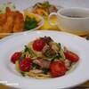 ☆えびフライ＆サバ缶と水菜のトマトスパゲティ☆