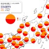 Leaflet地図：都道府県別「りんご」vs「みかん」を円グラフ（Google Image Charts）で表示。