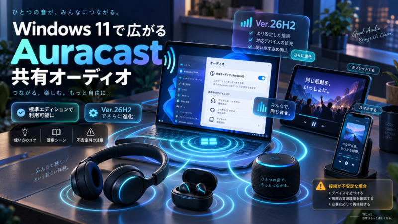 Windows 11のAuracast「共有オーディオ」が通常版でも利用可能に、Ver.26H2では改善も｜使い方と不安定時の注意点