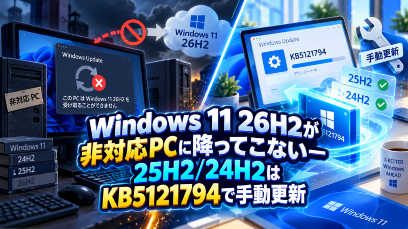 Windows 11 26H2が非対応PCに降ってこない―25H2/24H2はKB5121794で手動更新