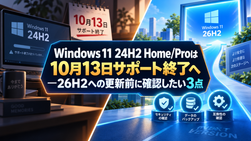 Windows 11 24H2 Home/Proは10月13日サポート終了へ―26H2への更新前に確認したい3点