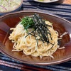 【明太子パスタ　庭のしそがまた出てきたよ】