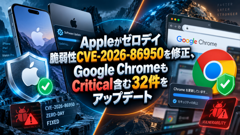 Appleがゼロデイ脆弱性CVE-2026-86950を修正、Google ChromeもCritical含む32件をアップデート