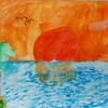 水彩画『海にしずむ夕日』