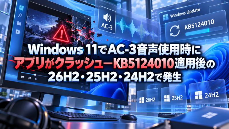 Windows 11でAC-3音声使用時にアプリがクラッシュ―KB5124010適用後の26H2・25H2・24H2で発生