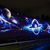 岩手県花巻市：夜の花巻城と未来都市銀河地球鉄道壁画