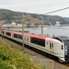 相模湾をバックに走るE259系電車
