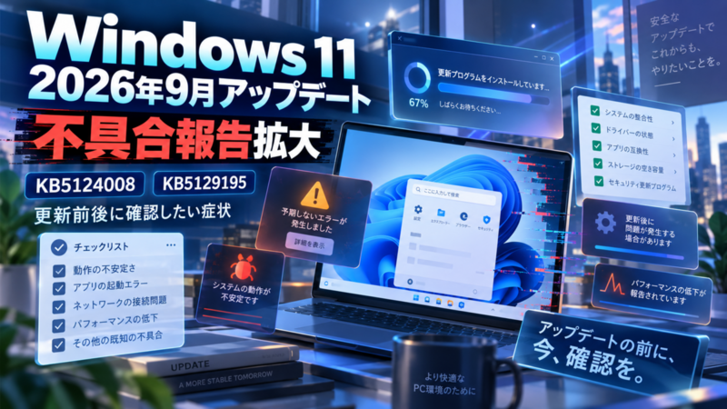 Windows 11 2026年9月アップデートで不具合報告拡大、KB5124008・KB5129195など更新前後に確認したい症状