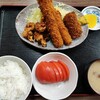 西川口の「あおき食堂」で鶏唐と鶏つくねフライとチーズ入りロールカツ定食を食べました🍅