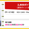 【ハピタス】REX CARDが期間限定2,800pt(2,800円)! 年会費無料! ショッピング条件なし!