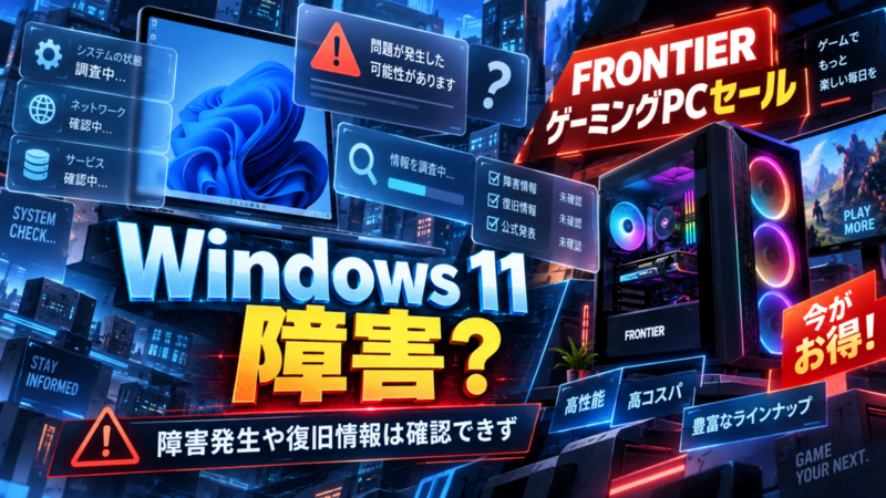 Windows 11障害？今回の情報はFRONTIERゲーミングPCセール、障害発生や復旧情報は確認できず