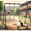 猫が見守る廃校のブランコ