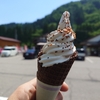 白山市の道の駅瀬女にあるキジトラコーヒー焙煎研究所と蕎麦山猫で、そば茶ソフトクリーム(ヤマネコ)