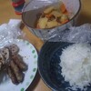 蓮根片栗粉揚げ、茗荷の肉巻き、肉じゃが