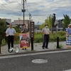 桑折駅前で朝の街頭宣伝、斎藤松夫さんと川村滋道さんも一緒に