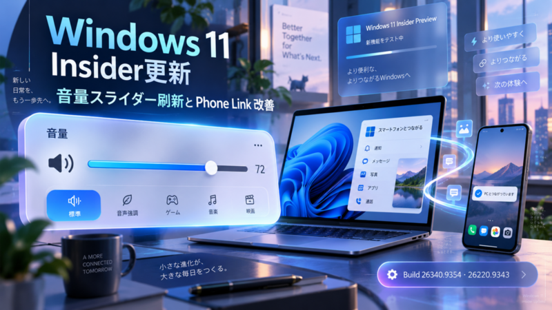 Windows 11 Insider更新、音量スライダー刷新とPhone Link改善｜Build 26340.9354・26220.9343の変更点