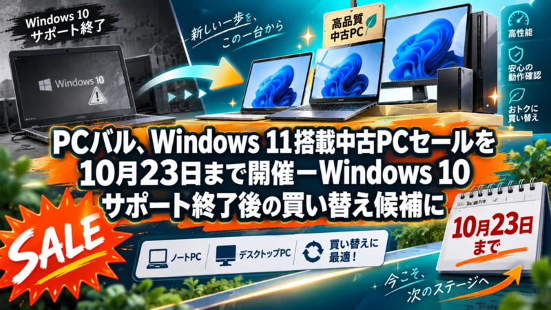PCバル、Windows 11搭載中古PCセールを10月23日まで開催―Windows 10サポート終了後の買い替え候補に
