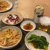 焼うどん、菜の花のお浸し、たこわさ