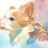 水彩画　わんことスズメ