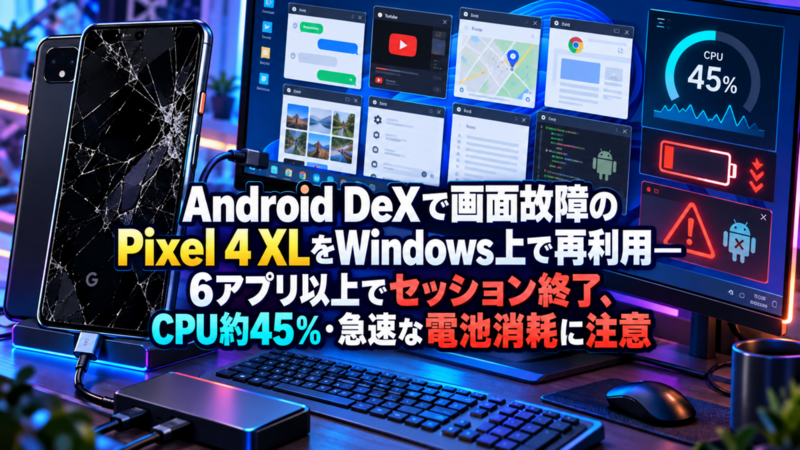 Android DeXで画面故障のPixel 4 XLをWindows上で再利用―6アプリ以上でセッション終了、CPU約45％・急速な電池消耗に注意