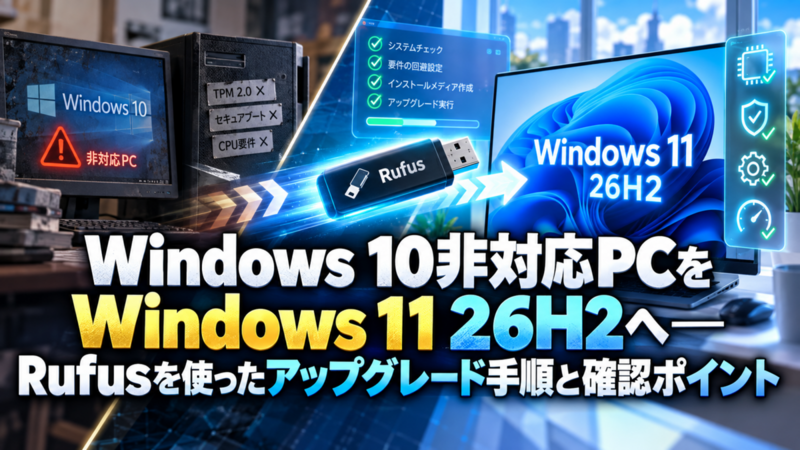 Windows 10非対応PCをWindows 11 26H2へ―Rufusを使ったアップグレード手順と確認ポイント