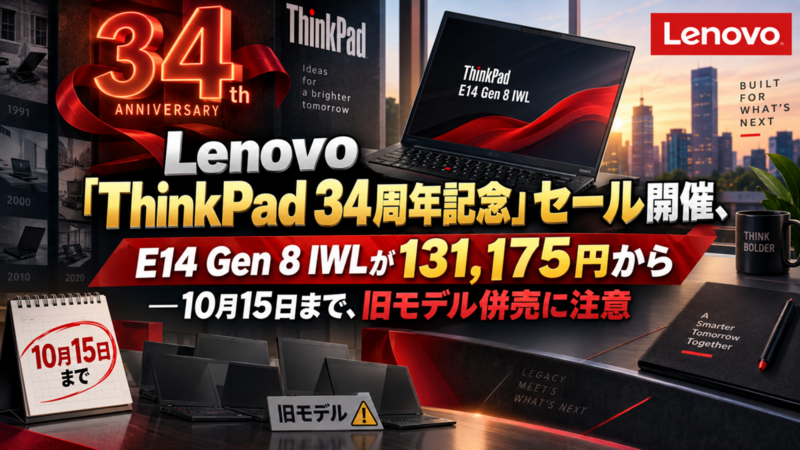 Lenovo「ThinkPad 34周年記念」セール開催、E14 Gen 8 IWLが131,175円から―10月15日まで、旧モデル併売に注意