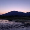 帰りは薄紫色の空を背景にそびえ立つ足立山や