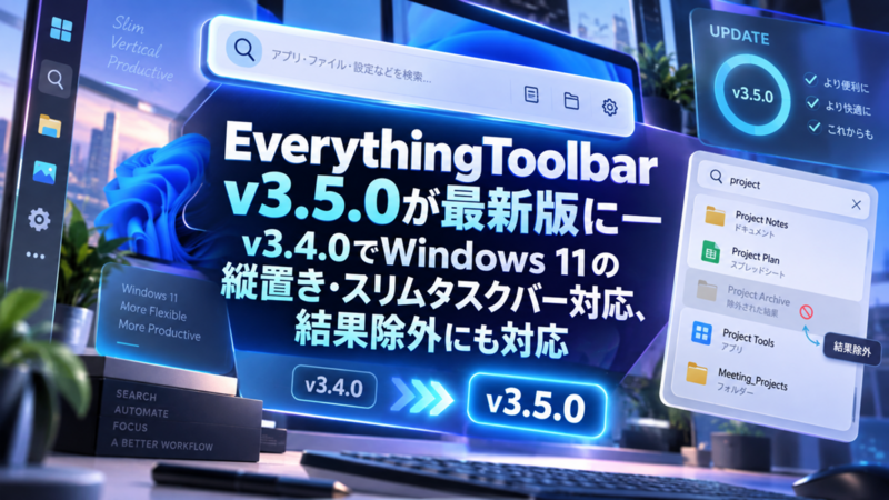 EverythingToolbar v3.5.0が最新版に―v3.4.0でWindows 11の縦置き・スリムタスクバー対応、結果除外にも対応