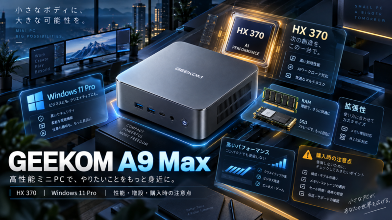 Geekom A9 MaxはWindows 11 Pro搭載の高性能ミニPC｜HX 370版の性能・増設・購入時の注意点を整理