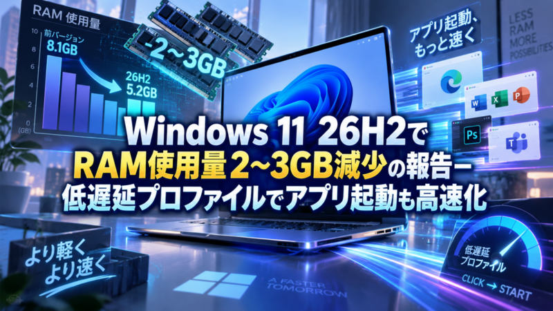 Windows 11 26H2でRAM使用量2～3GB減少の報告―低遅延プロファイルでアプリ起動も高速化