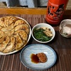 会津さくら餃子、ほうれん草と椎茸の煮浸し、奥の松辛口原酒
