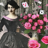 花瓶とカードの迷宮に立つ黒いドレス