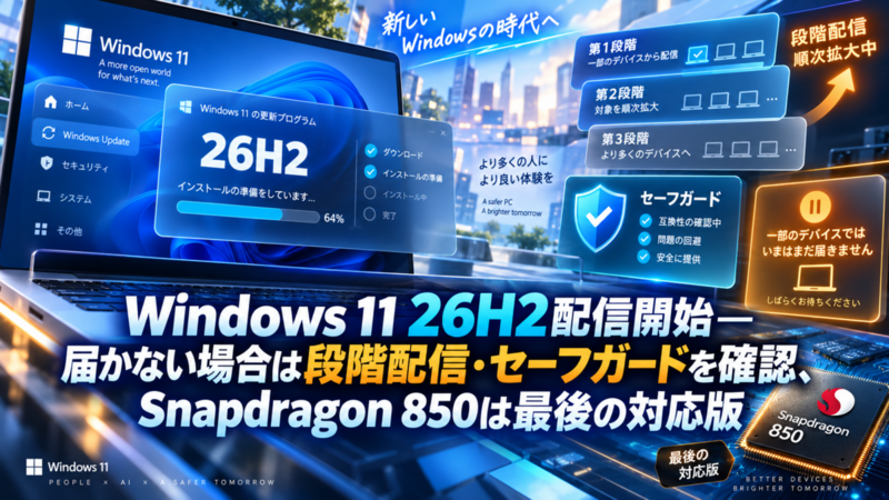 Windows 11 26H2配信開始―届かない場合は段階配信・セーフガードを確認、Snapdragon 850は最後の対応版