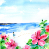 ハイビスカスが彩る夏の海、心地よい風の中浜辺を歩く女性