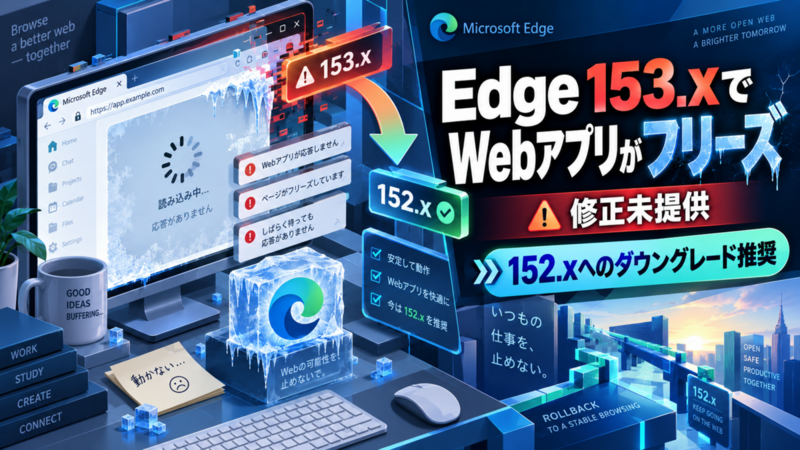 Microsoft Edge 153.xでWebアプリがフリーズ、修正未提供・152.xへのダウングレード推奨