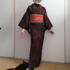 黒のジャガードウール着物　ゴムと簪でまとめ髪　今日の猫さん