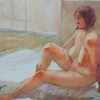 人物画　ベッドに座った裸婦