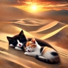 砂漠の夕暮れに眠る二匹
