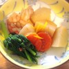 蕪と海老の柚子、ちくわ天、豚肉野菜、玉子焼き