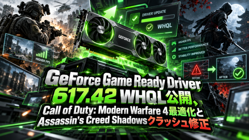 GeForce Game Ready Driver 617.42 WHQL公開、Call of Duty: Modern Warfare 4最適化とAssassin's Creed Shadowsクラッシュ修正