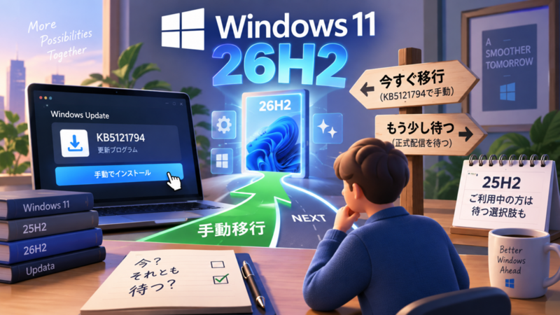 Windows 11 26H2はKB5121794で手動移行可能、ただし正式配信前で25H2利用者は待つ選択肢も