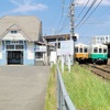 看板や駅舎をいれて長尾線1200形1251-1252号を撮影